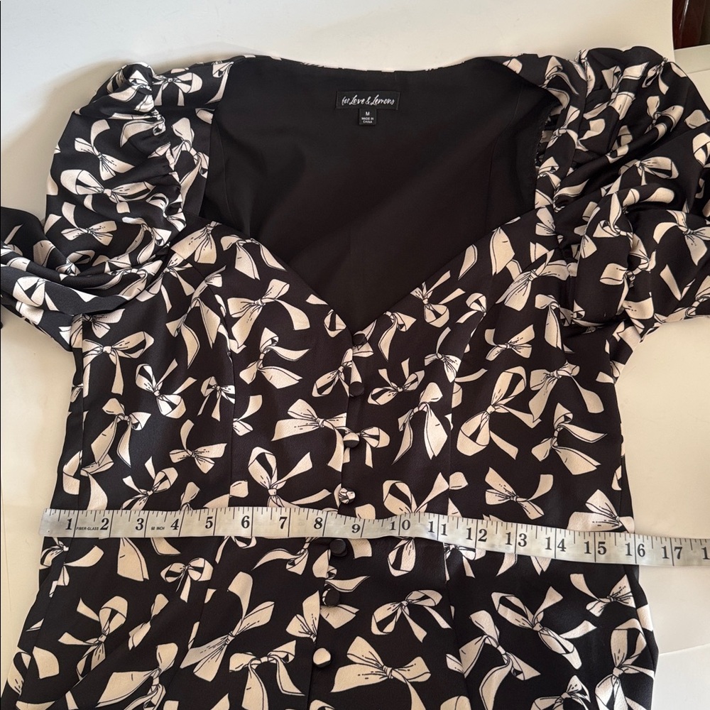 For Love & Lemons Angelica Bow Print Puff Ruched Sleeve Button Front Dress sz M - Picture 8 of 10